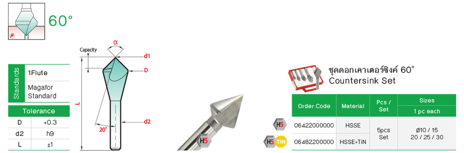 ดอกเคาเตอร์ซิงค์ 60° 1ฟัน drawing