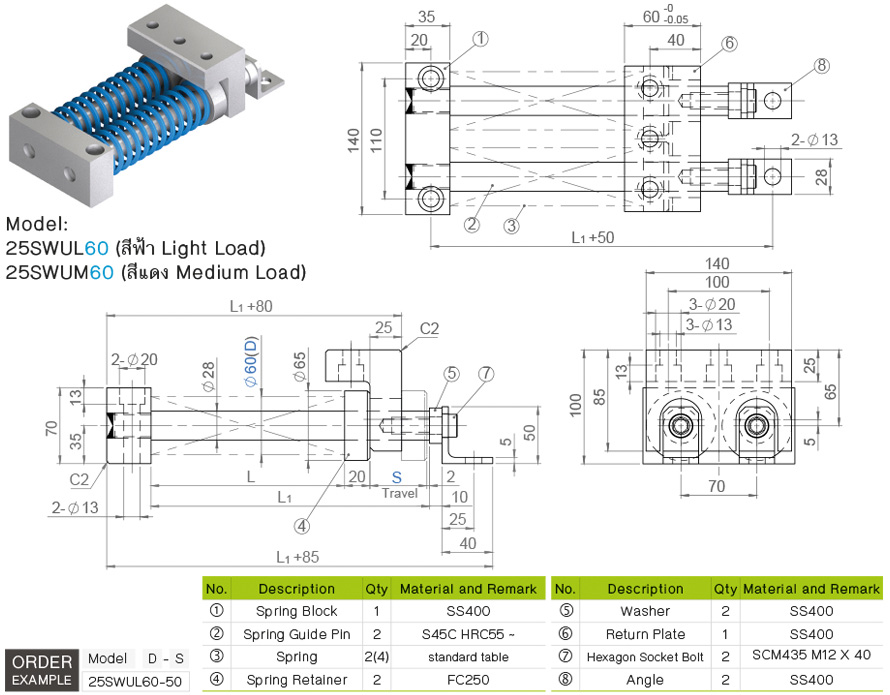 ชุดสปริงรีเทอร์นคู่ (60มม) drawing