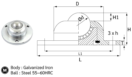Heavy Duty Round Base Mount Ball Roller drawing